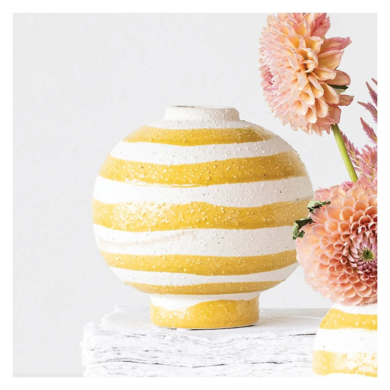 Hello Honey® 5.25" Yellow & White Striped Stoneware Vase with Sphere Shape & Footed Base