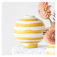 Hello Honey® 5.25" Yellow & White Striped Stoneware Vase with Sphere Shape & Footed Base