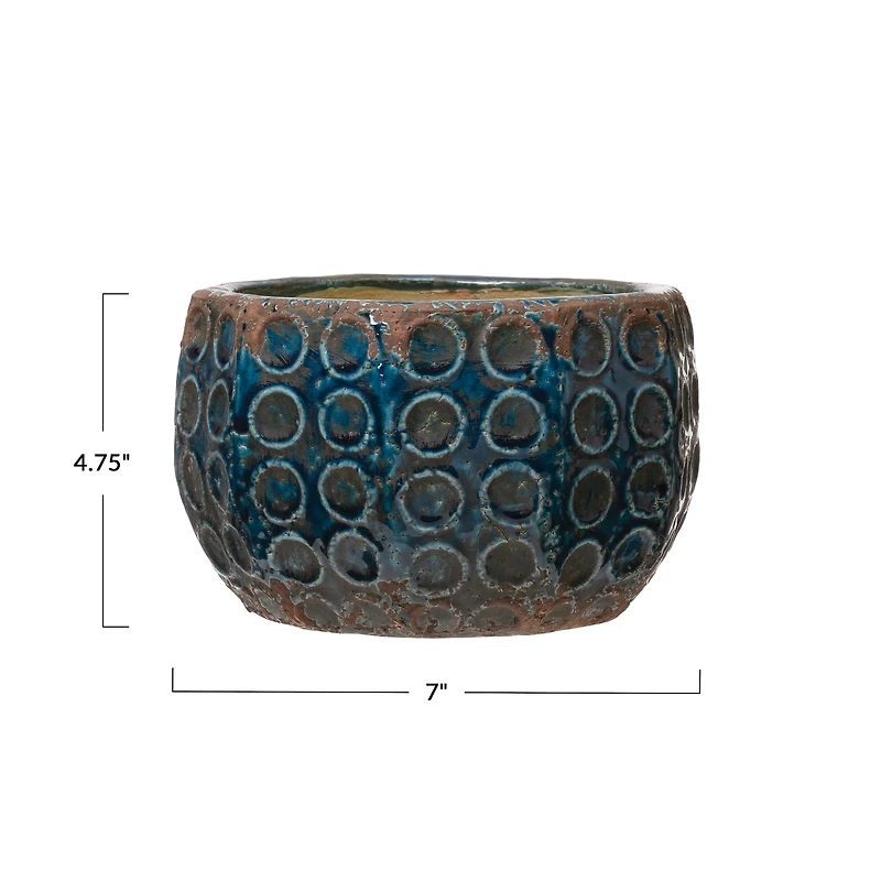 Hello Honey® 7" Distressed Blue Embossed Terra Cotta Planter with Circle Pattern