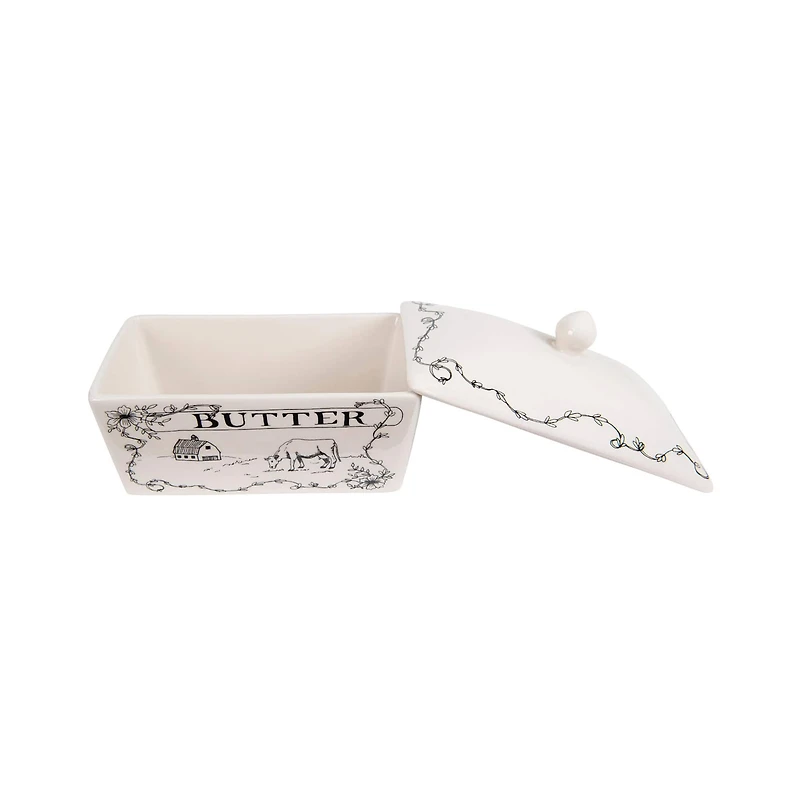 Hello Honey® 7" Country Style White & Black Stoneware Butter Dish with Lid