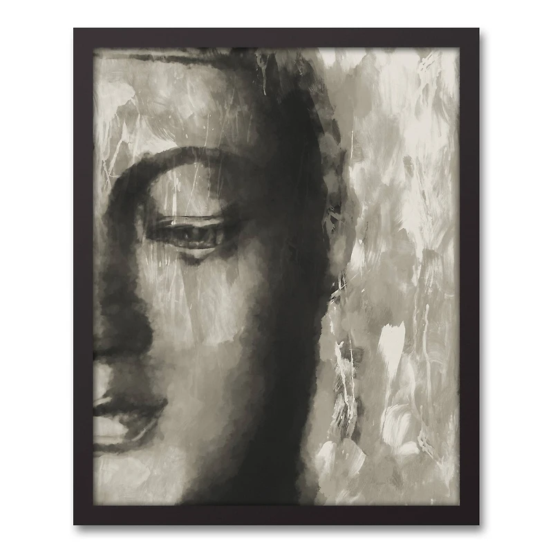 Gray Toned Neutral Buddha Head Black Framed Canvas