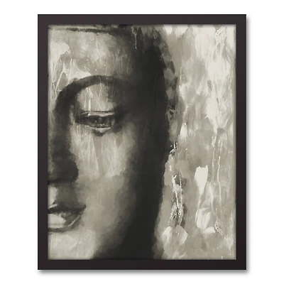 Gray Toned Neutral Buddha Head Black Framed Canvas