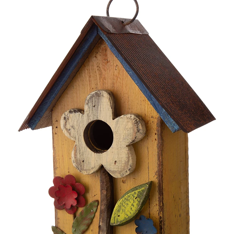 Glitzhome® Distressed Wooden Birdhouse with Flower