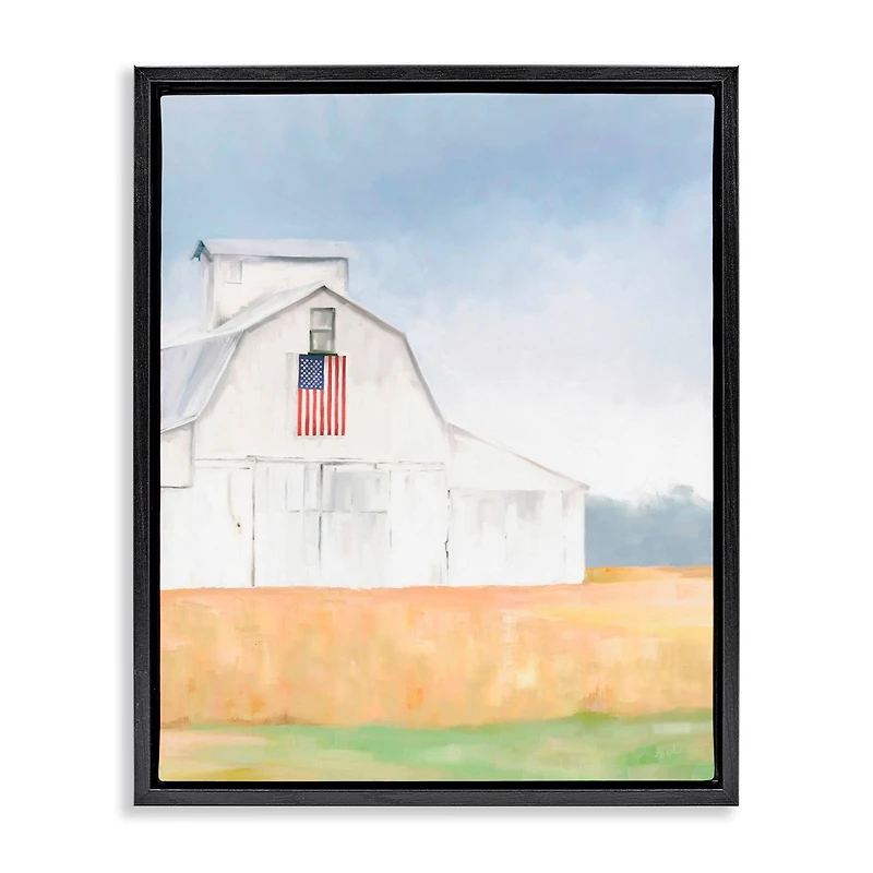 Stupell Industries American Flag White Country Barn Rural Scenery Floater Framed Art