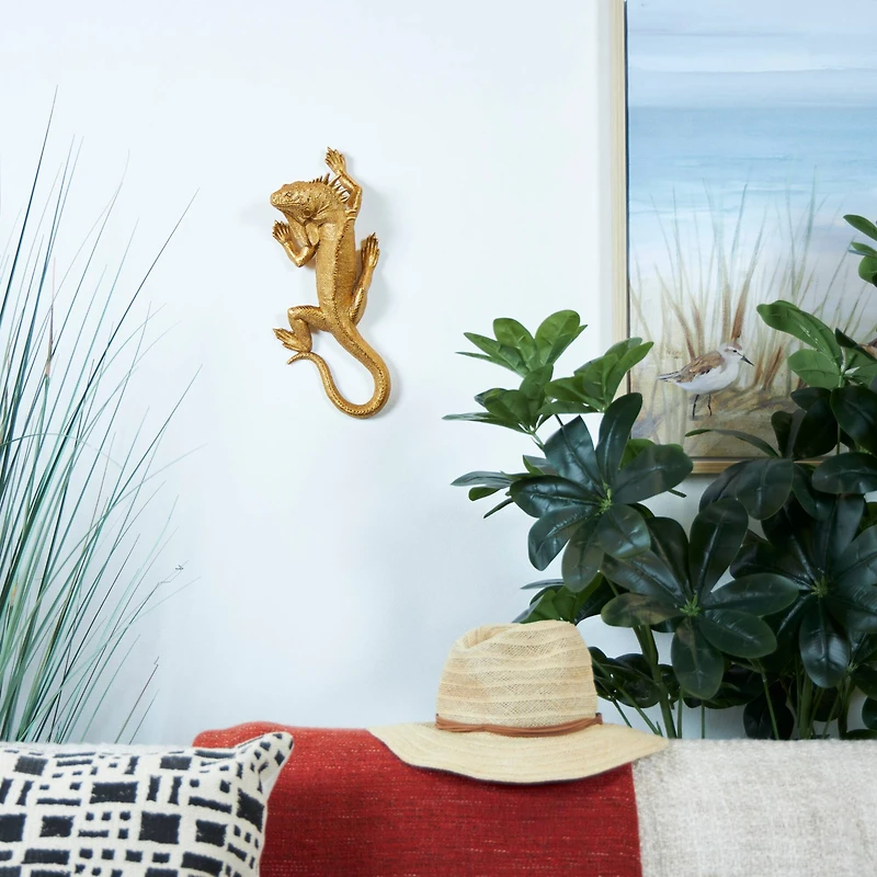 15" Gold Lizard Textured Climbing Sculpture