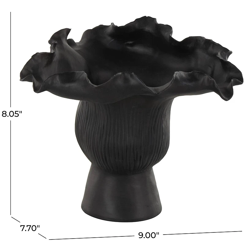 9" Black Ceramic Abstract Floral Inspired Vase with Linear Grooves