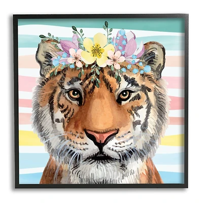Stupell Industries Jungle Tiger Chic Purple Yellow Floral Crown Stripes Framed Wall Art