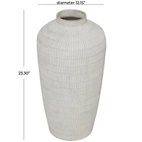 Cream Ceramic Textured Vase with Linear Pattern