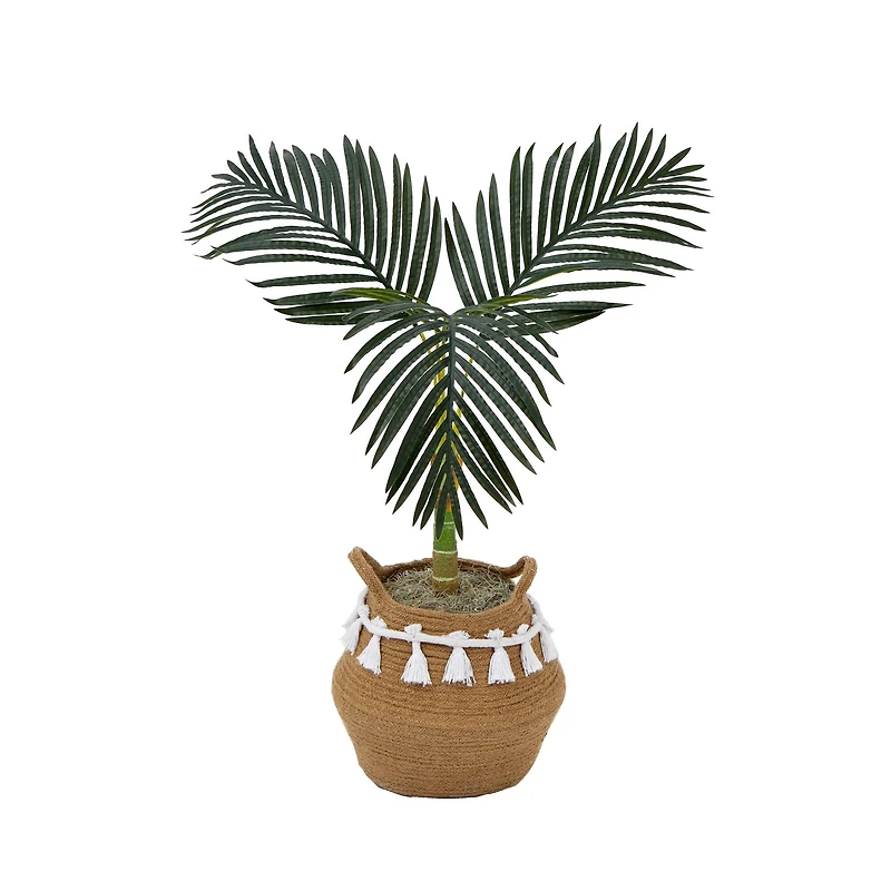 3ft. Artificial Golden Cane Palm Tree with Handmade Jute & Cotton Basket with Tassels