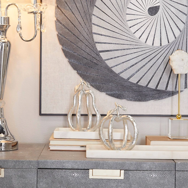 Set of 2 Silver Metal Eclectic Fruit Sculpture 8", 7"