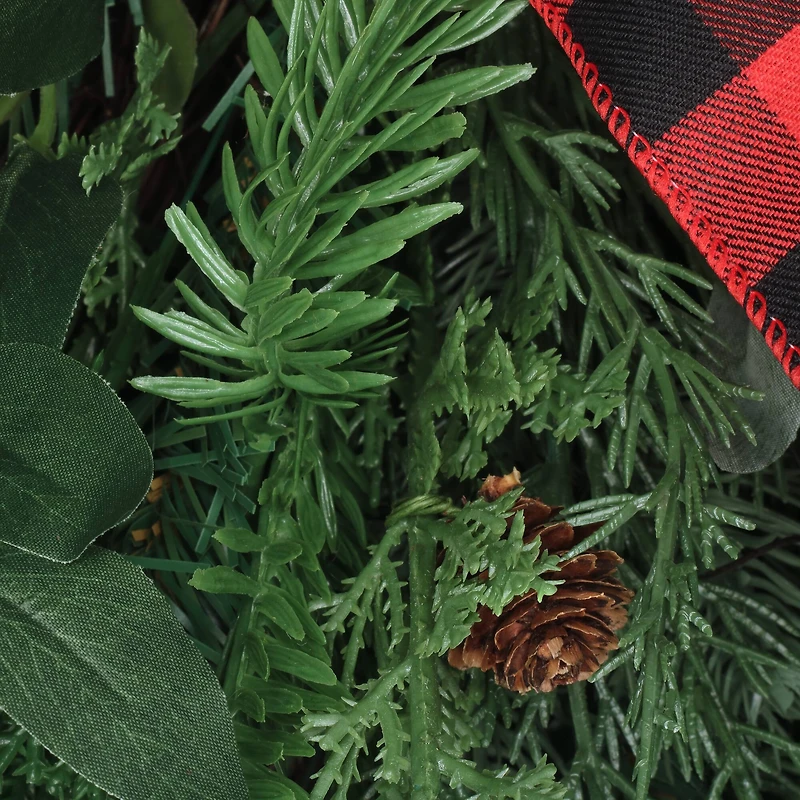30" Mixed Pine, Leaves & Pinecone Teardrop Swag with Red Buffalo Check Bow