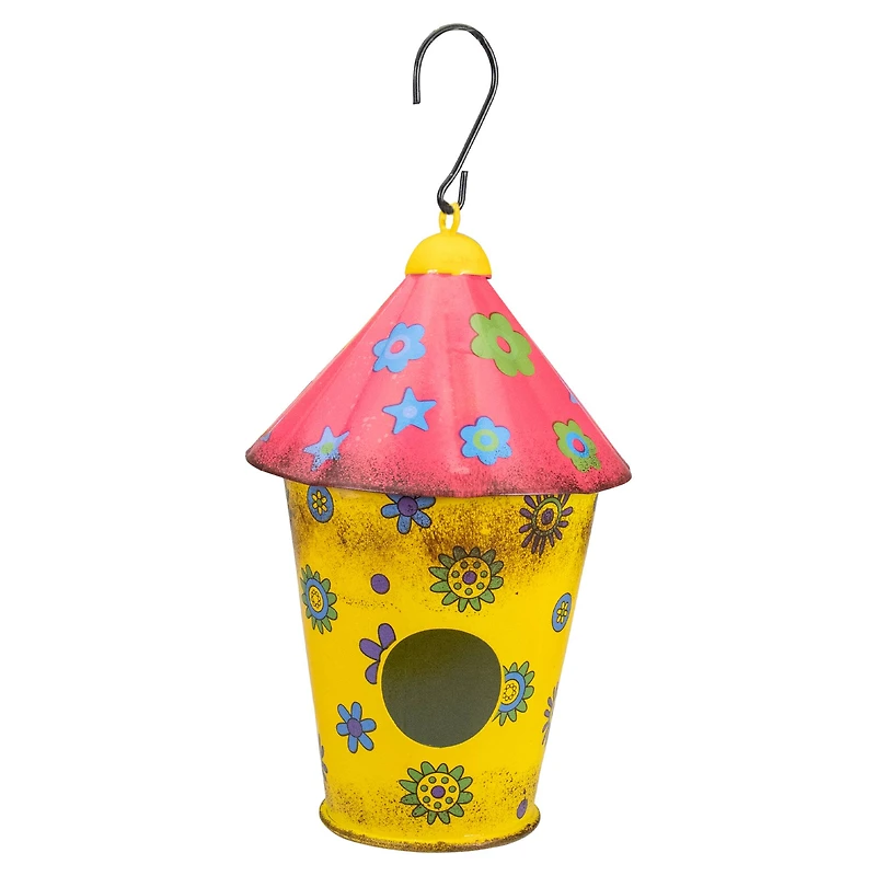 7.75" Red & Yellow Metal Birdhouse With Flowers