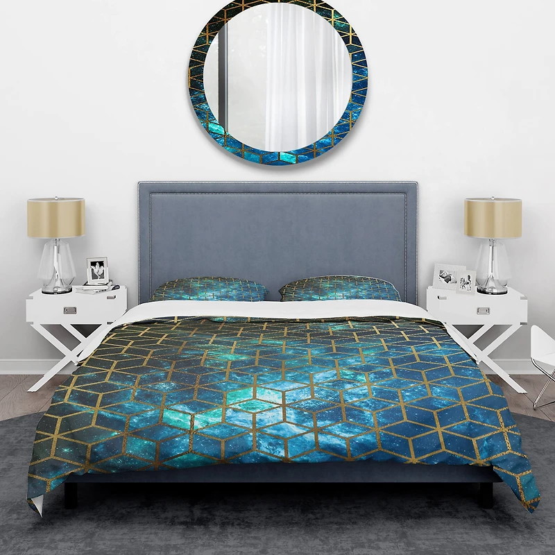 Designart 'Yellow Cubes over Blue Cosmic Background' Modern & Contemporary Bedding Set