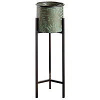 24.7" Tropical Leaf Metal Planter With Stand & Plastic Liner 