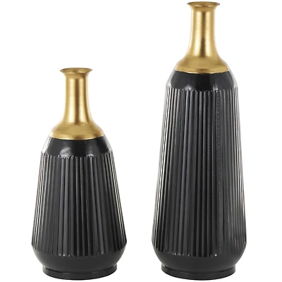 Black Metal Tall Ribbed Decorative Vase Set with Gold Tops