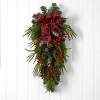 24" Pinecones, Berries & Bells Christmas Teardrop Swag