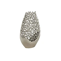 21" Silver Aluminum Metal Rounded Vase with Freeform Open Lattice Work