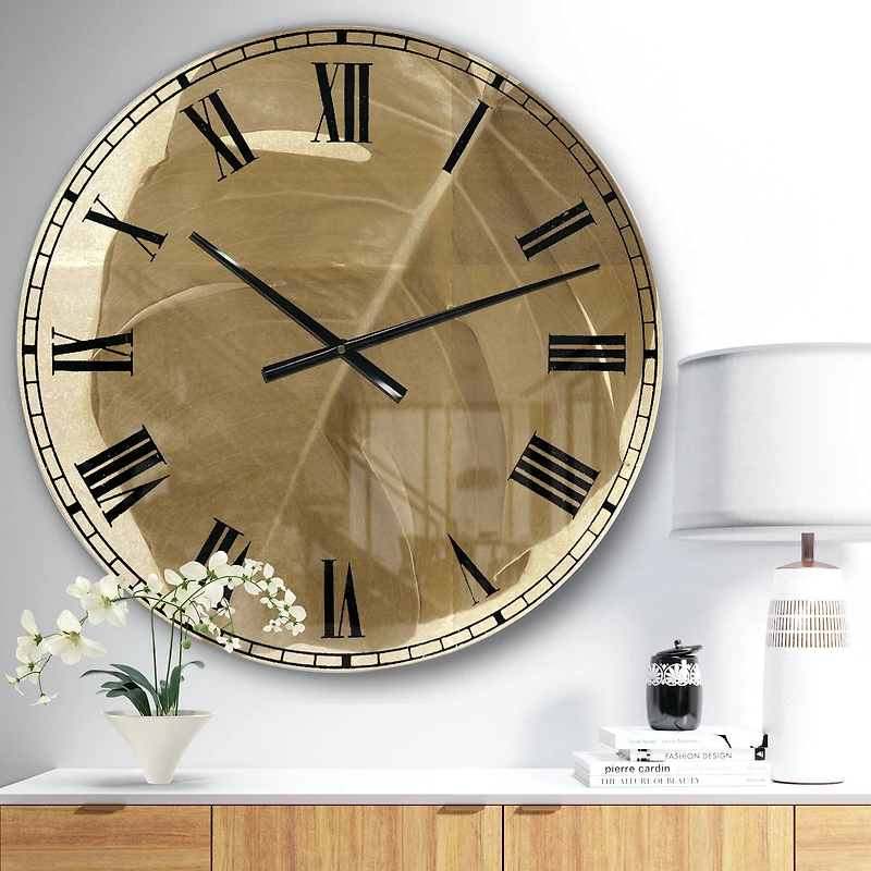 Designart Botanical Beige Retro Leaf Traditional Wall Clock