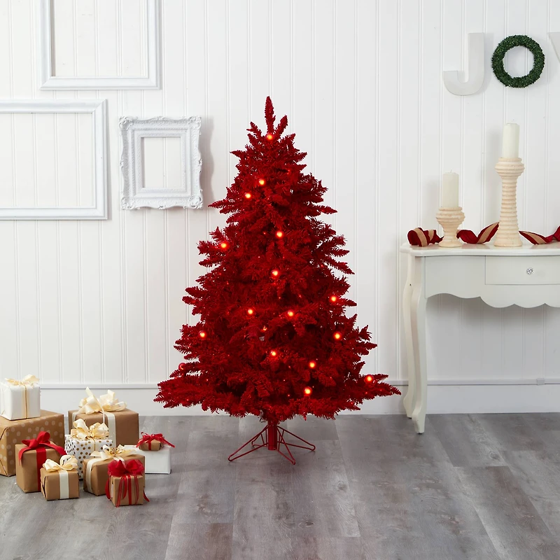 5ft. Pre-Lit Red Flocked Fraser Fir Artificial Christmas Tree with Red Lights