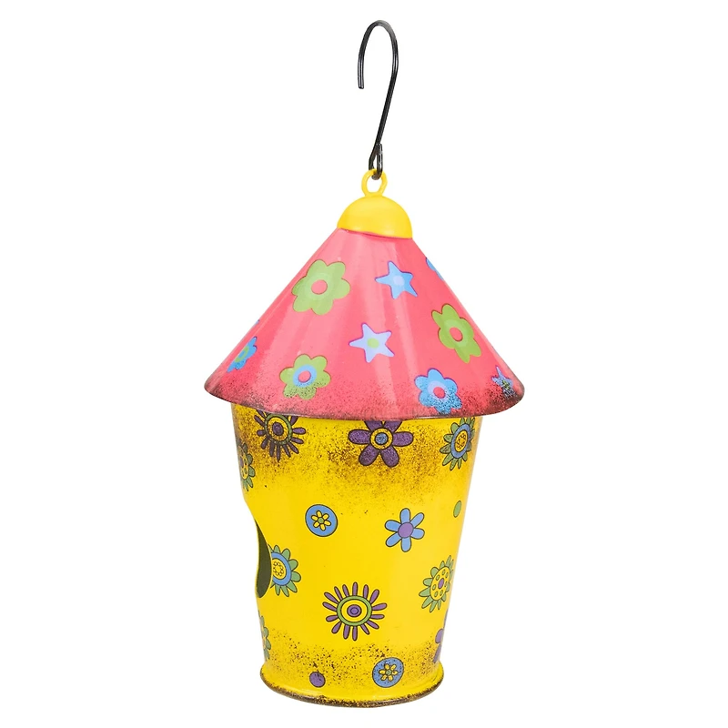 7.75" Red & Yellow Metal Birdhouse With Flowers