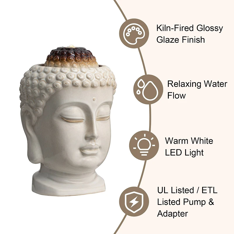 Glitzhome® 18.75" Zen-Style LED Buddha Head Ceramic Outdoor Fountain