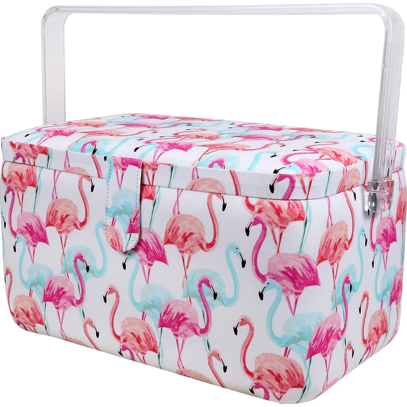 SINGER® Large Flamingo Print Sewing Basket with Matching Pouch Sew Kit