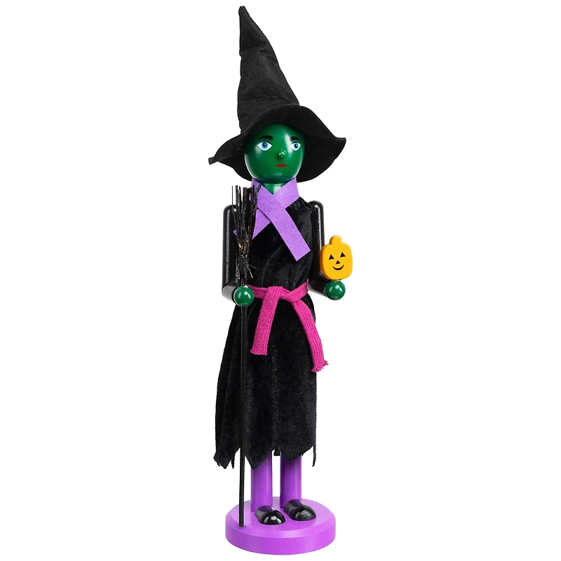 Green Wooden Witch Holding Broom & Jack-O-Lantern Halloween Nutcracker