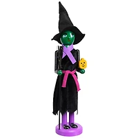 Green Wooden Witch Holding Broom & Jack-O-Lantern Halloween Nutcracker