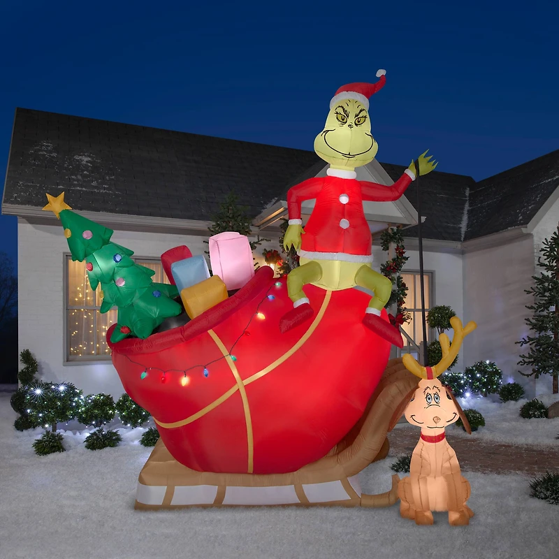 12ft. Airblown® Inflatable Grinch & Max in Sleigh Colossal Scene