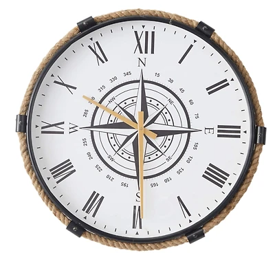 20" Brown Stainless Steel Compass Wall Clock with Rope Accents