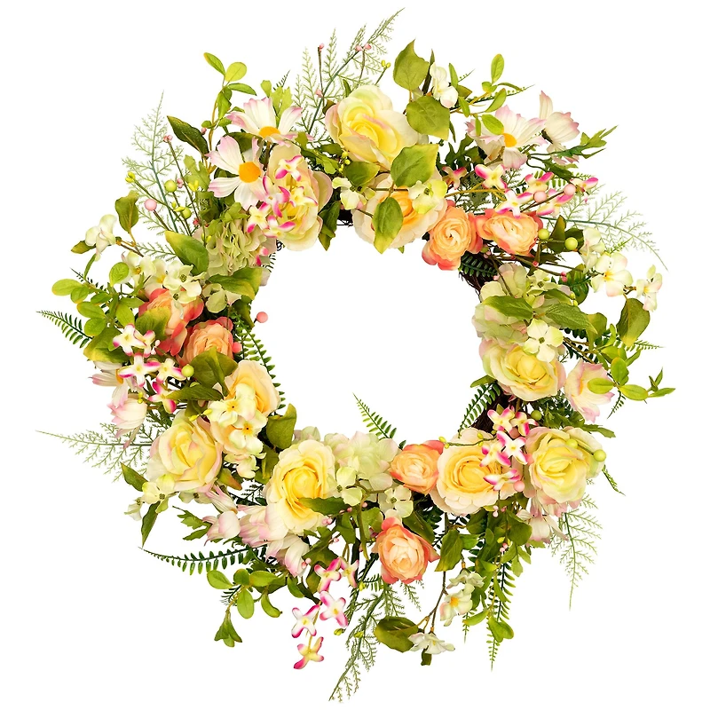 26" Daisy Peony & Roses Artificial Floral Spring Wreath