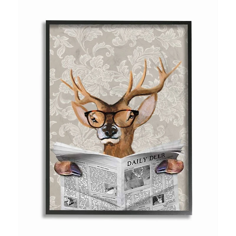 Stupell Industries Deer Reading Newspaper Black Framed Wall Art