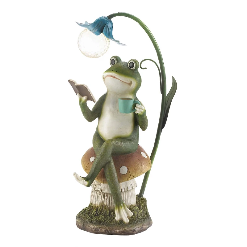 15.5" Frog Reading on Mushroom Solar Statue