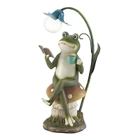 15.5" Frog Reading on Mushroom Solar Statue