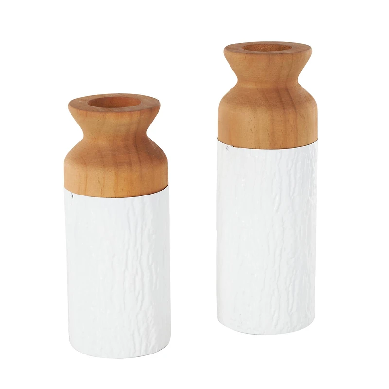 Brown & White Textured Metal & Wood Vase Set