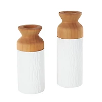 Brown & White Textured Metal & Wood Vase Set