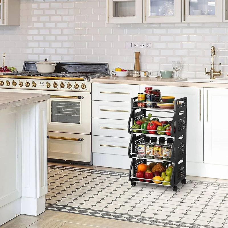 Black 4-Tier Rolling Stackable Fruit Basket Utility Cart
