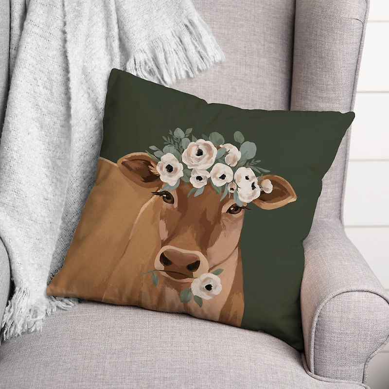 Painterly Floral Cow 18" x 18" Throw Pillow