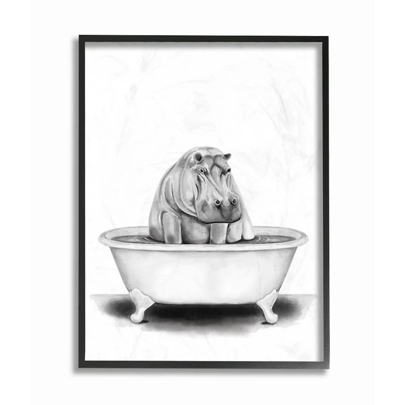 Stupell Industries Black & White Hippo in a Tub with Black Frame Wall Accent