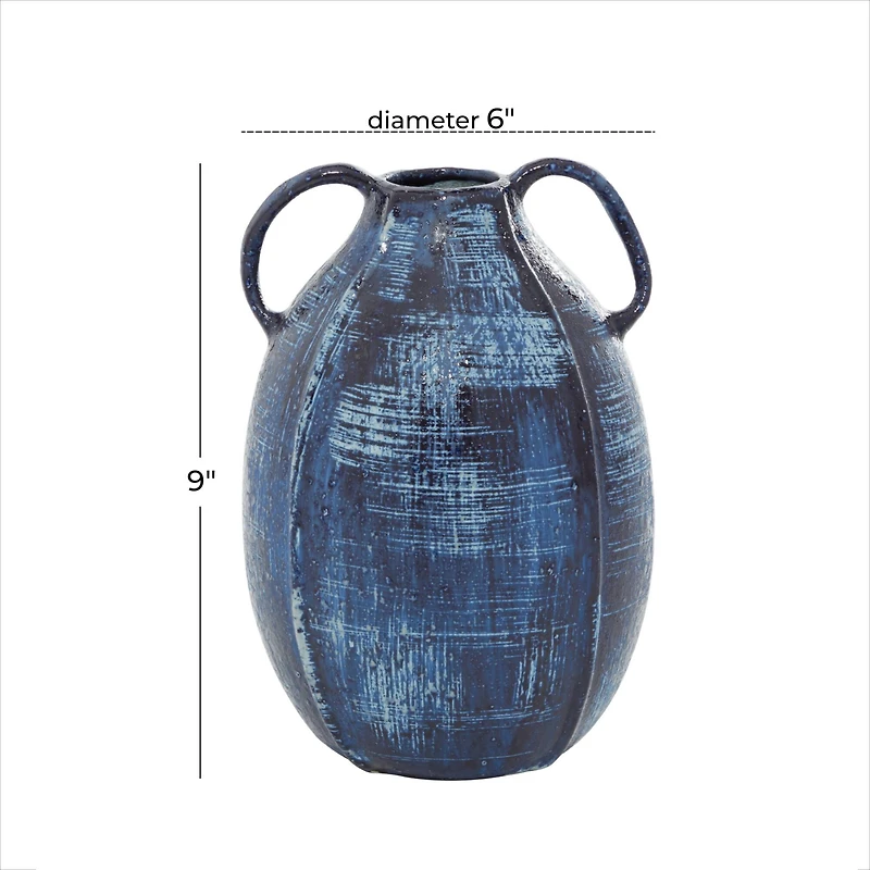 Blue Ceramic Contemporary Vase, 9" x 6" x 6"