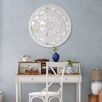 American Art Décor™ 16" Distressed Reflective Hand-Carved White Wood Wall Accent Medallion