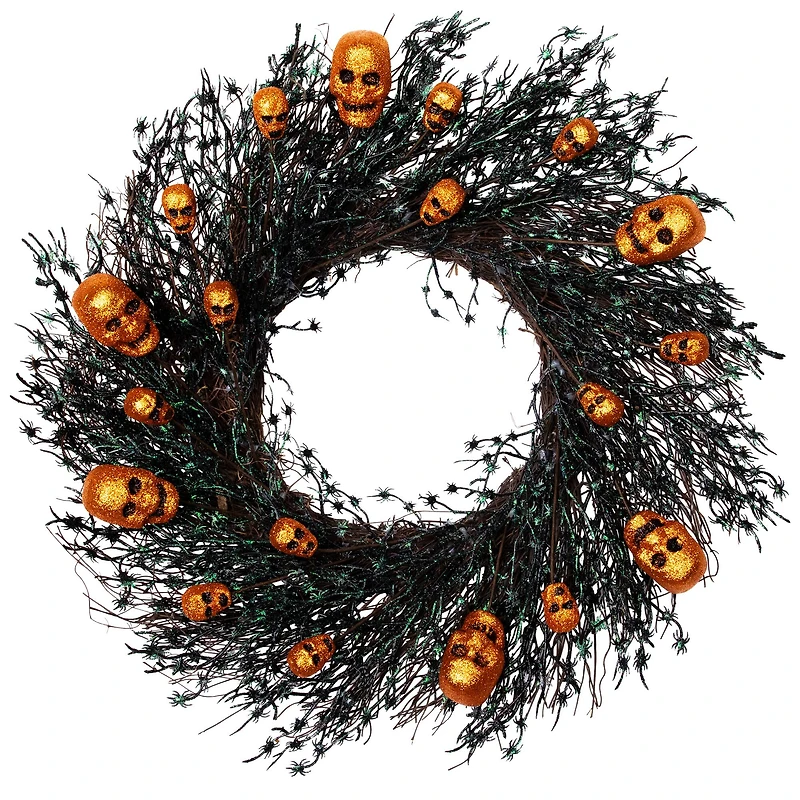 22" Black & Orange Skulls and Spiders Halloween Twig Wreath