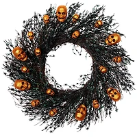 22" Black & Orange Skulls and Spiders Halloween Twig Wreath