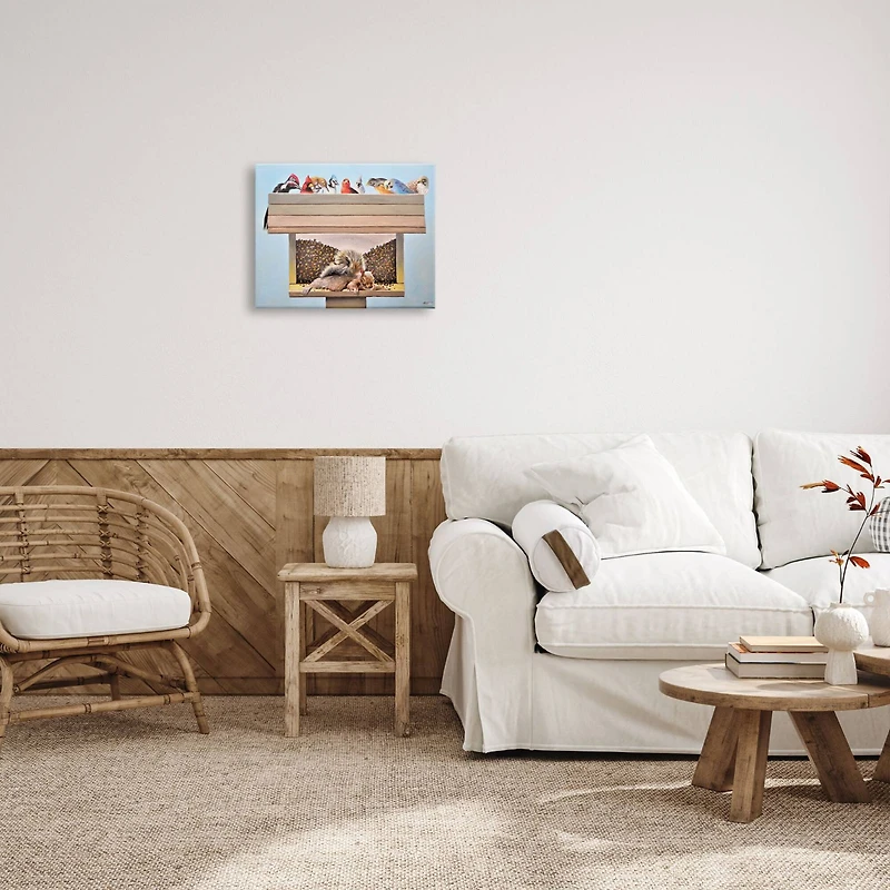 Stupell Industries Squirrel Sleeping Crowded Bird Feeder Funny Backyard Animals Canvas Wall Art