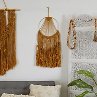 Brown Fabric Handmade Intricately Weaved Macrame Wall Decor with Beaded Fringe Tassels 12" x 0" x 32"