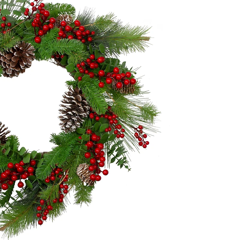 24" Christmas Artificial Holly Berry & Snowy Pinecone Wreath