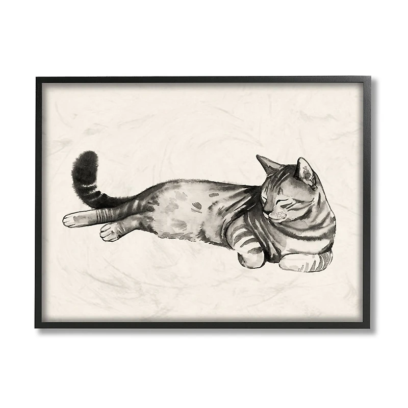 Stupell Industries Sleeping Striped Cat Minimal Relaxed Pet in Black Frame Wall Art