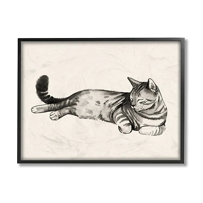 Stupell Industries Sleeping Striped Cat Minimal Relaxed Pet in Black Frame Wall Art