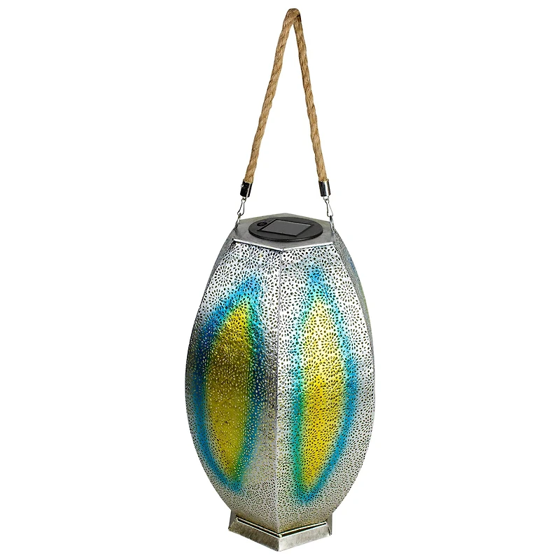 15.5" Silver Floral Outdoor Hanging Solar Lantern with Jute Handle
