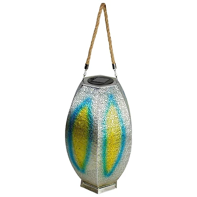 15.5" Silver Floral Outdoor Hanging Solar Lantern with Jute Handle